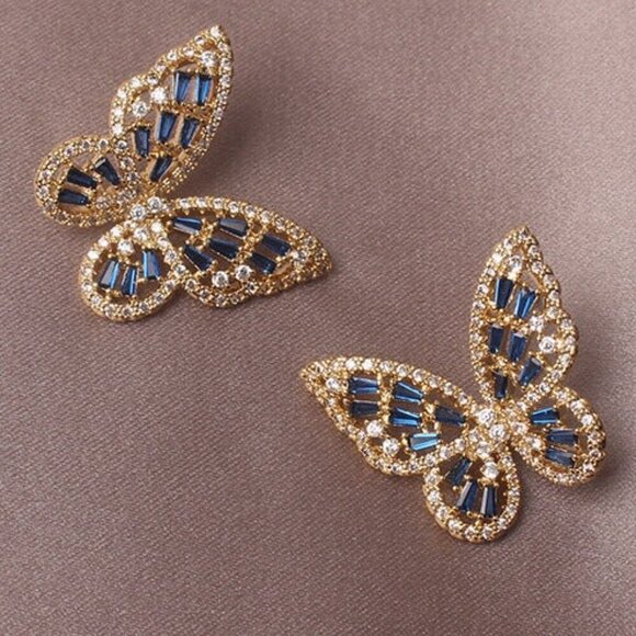 Zircon Butterfly Stud Earrings Blue and Gold - Picture 1 of 2